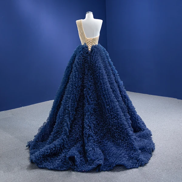 High-end Ocean Blue Rhinestone Ruffle Prom Dresses 2022 Ball Gown One-Shoulder Sleeveless Backless Floor-Length / Long Prom Formal Dresses