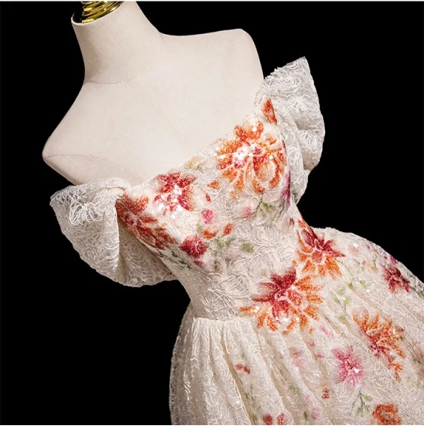 Chic / Belle Champagne Paillettes En Dentelle Fleur Robe De Bal 2025 Princesse De l'épaule Manches Courtes Dos Nu Longue Tulle Robe De Ceremonie