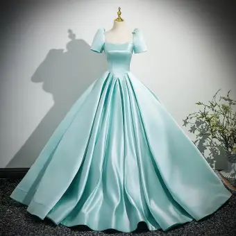 Chic Vert Citron Satin Robe De Bal 2025 Robe Boule Encolure Carrée Manches Courtes Dos Nu Noeud Longue Promo Robe De Ceremonie