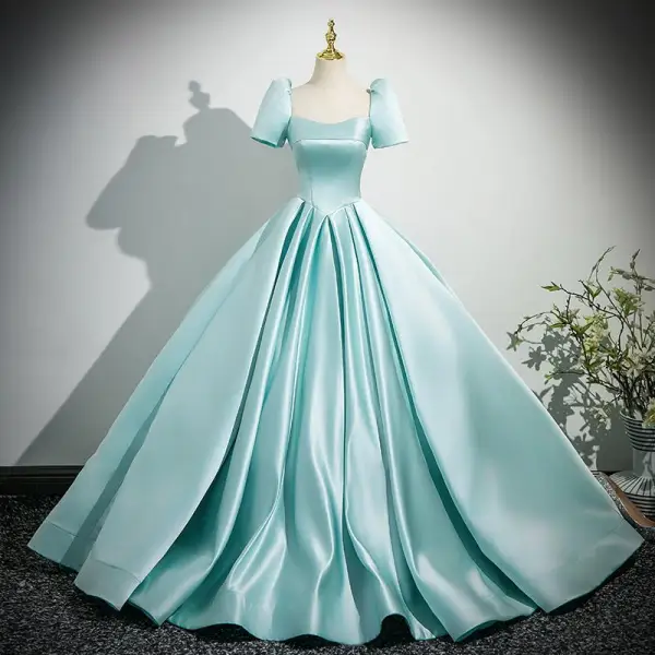 Classy Mint Green Satin Prom Dresses 2025 Ball Gown Square Neckline Short Sleeve Backless Bow Floor-Length / Long Prom Formal Dresses