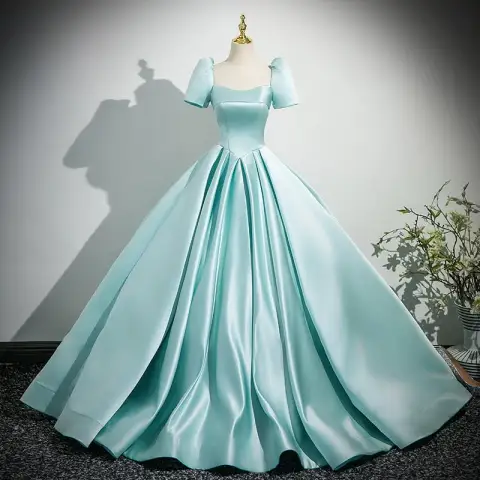 Edles Lindgrün Satin Ballkleider 2025 Ballkleid Eckiger Ausschnitt Kurze Ärmel Rückenfreies Schleife Lange Ball Festliche Kleider