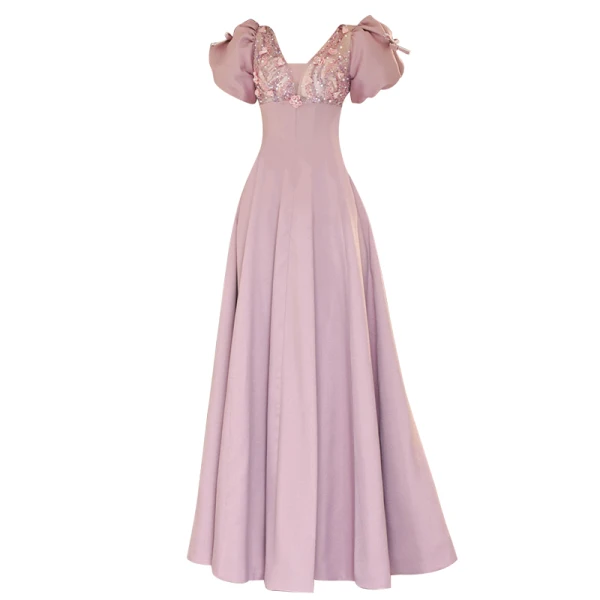 Elegant Blushing Pink Prom Dresses 2022 A-Line / Princess V-Neck Beading Pearl Sequins Puffy Short Sleeve Backless Floor-Length / Long Prom Formal Dresses
