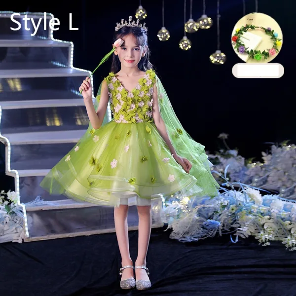 Flower Fairy Sage Green Appliques Birthday Flower Girl Dresses 2024 Ball Gown V-Neck Bell sleeves Floor-Length / Long