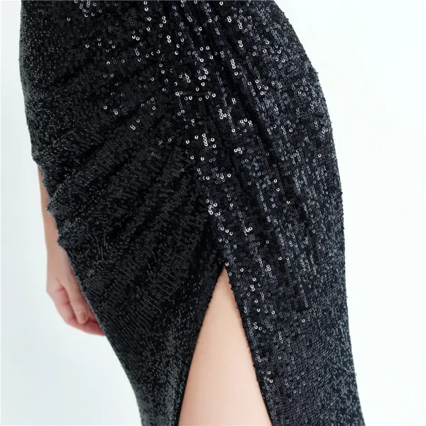 Sexy Bling Bling Bleu Ciel Paillettes Fendue devant Robe De Soirée 2024 Trompette / Sirène Bretelles Spaghetti Sans Manches Dos Nu Longue Soirée Robe De Ceremonie