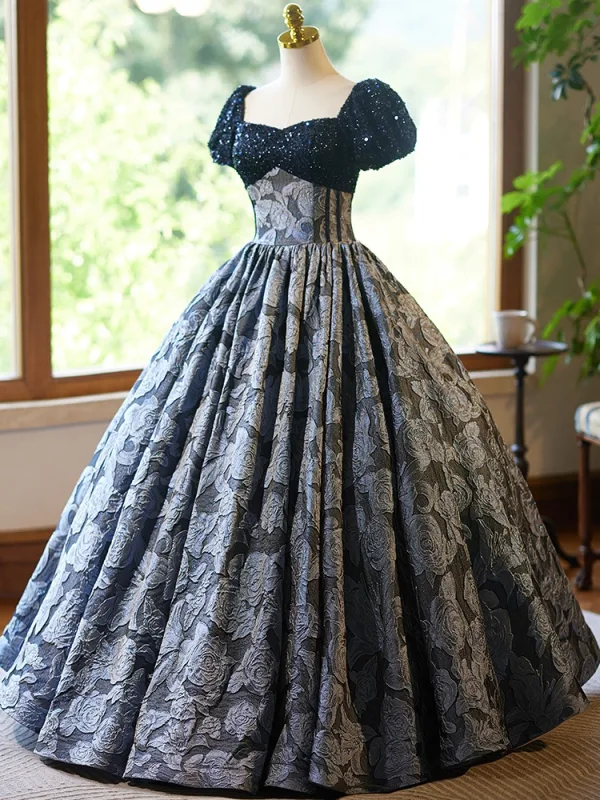 Vintage / Retro Navy Blue Beading Sequins Printing Prom Dresses 2024 Ball Gown Square Neckline Short Sleeve Backless Floor-Length / Long Prom Formal Dresses