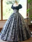 Vintage / Retro Navy Blue Beading Sequins Printing Prom Dresses 2024 Ball Gown Square Neckline Short Sleeve Backless Floor-Length / Long Prom Formal Dresses