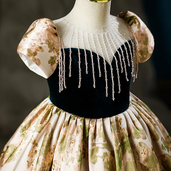 Élégant Noire Impression Anniversaire Robe Ceremonie Fille 2022 Robe Boule Encolure Dégagée Perlage Gland Gonflée Manches Courtes Dos Nu Longue Robe Ceremonie Fille