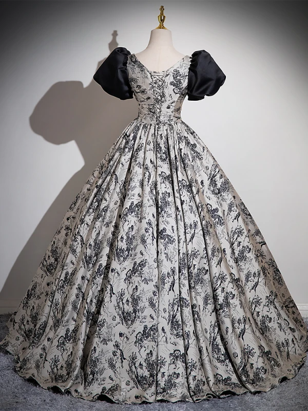Vintage / Retro Black Printing Prom Dresses 2024 Ball Gown Square Neckline Bow Puffy Short Sleeve Backless Floor-Length / Long Prom Formal Dresses