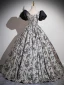 Vintage / Retro Black Printing Prom Dresses 2024 Ball Gown Square Neckline Bow Puffy Short Sleeve Backless Floor-Length / Long Prom Formal Dresses