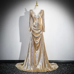 Glitter Goud Rhinestone Pailletten Avondjurken 2025 Trompet Zeemeermin V Hals Lange Mouwen Ruglooze Lange Avond Gelegenheid Jurken