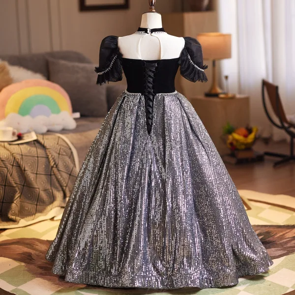 Sparkly Black Rhinestone Sequins Birthday Flower Girl Dresses 2026 Ball Gown Square Neckline Short Sleeve Backless Floor-Length / Long