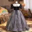 Sparkly Black Rhinestone Sequins Birthday Flower Girl Dresses 2026 Ball Gown Square Neckline Short Sleeve Backless Floor-Length / Long