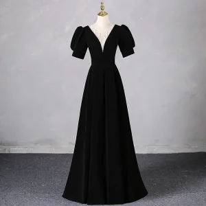 Élégant Noire Robe De Bal 2024 Princesse V Cou Manches Courtes Dos Nu Longue Promo Robe De Ceremonie
