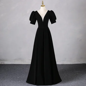 Élégant Noire Robe De Bal 2024 Princesse V Cou Manches Courtes Dos Nu Longue Promo Robe De Ceremonie