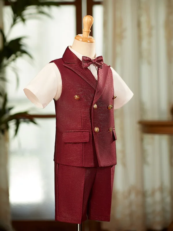 Burgundy Short Sleeve 4-piece Boys Wedding Suits 2025 Pants Shirt Tie Vest