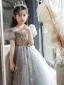 Chic / Belle Gris Étoile Paillettes Anniversaire Robe Ceremonie Fille 2022 Robe Boule Encolure Carrée Gonflée Manches Courtes Perlage Dos Nu Longue Robe Ceremonie Fille