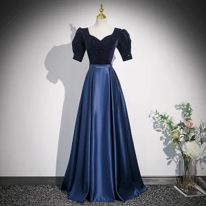 Vintage Retro Navy Blue Sequins Satin Prom Dresses 2023 A Line Princess Square Neckline Short Sleeve Backless Floor Length Long Formal Dresses