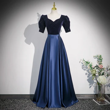 Vintage Retro Navy Blue Sequins Satin Prom Dresses 2023 A Line Princess Square Neckline Short Sleeve Backless Floor Length Long Formal Dresses