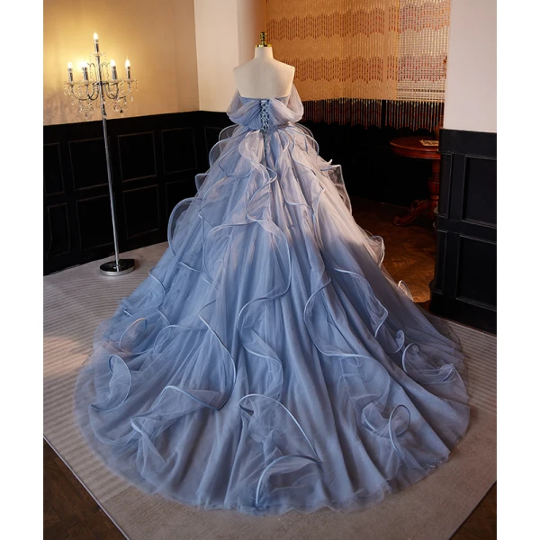 Fashion Sky Blue Pearl Sequins Lace Flower Cascading Ruffles Prom Dresses 2023 Ball Gown Strapless Sleeveless Backless Court Train Prom Formal Dresses