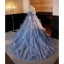 Fashion Sky Blue Pearl Sequins Lace Flower Cascading Ruffles Prom Dresses 2023 Ball Gown Strapless Sleeveless Backless Court Train Prom Formal Dresses