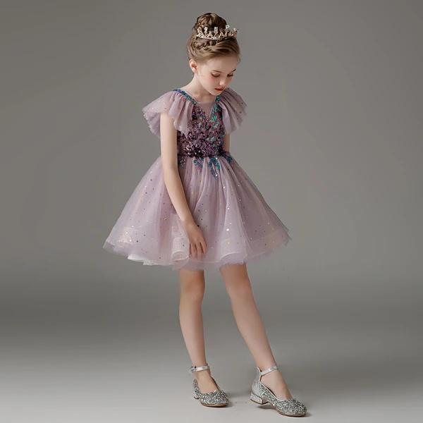 Fashion Lavender Short Sequins Birthday Flower Girl Dresses 2023 V-Neck Short Sleeve Backless Zipper Up