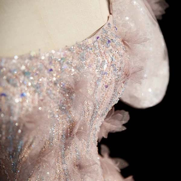 Charmant Rougissant Rose Paillettes Robe De Bal 2023 Princesse Encolure Carrée Manches Courtes Dos Nu Longue Robe De Ceremonie