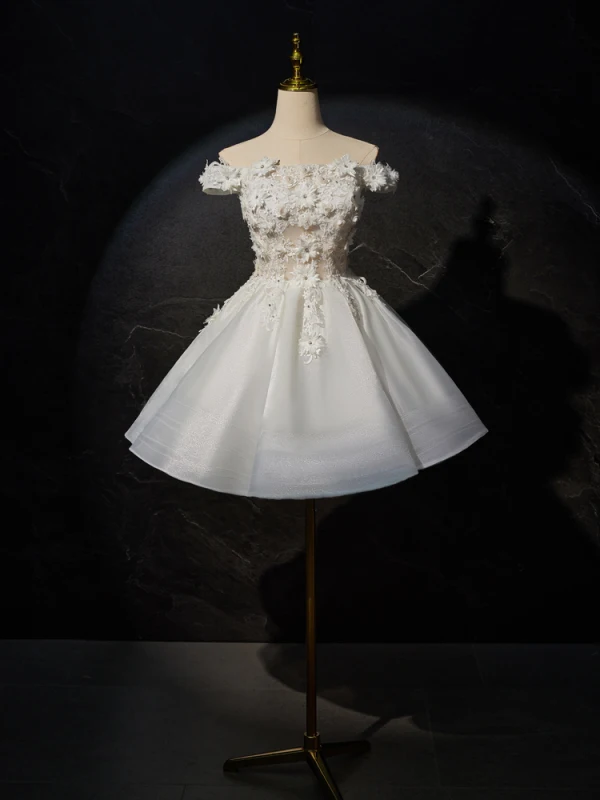 Charmant Blanche Perle Faux Diamant En Dentelle Fleur Appliques Robe De Mariée Courte 2024 De l'épaule Sans Manches Dos Nu Courte Robe De Mariée