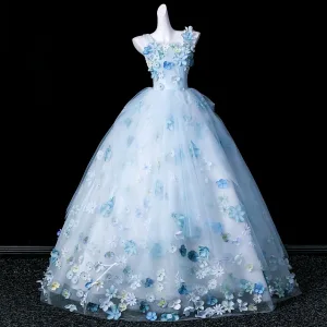 Flower Fairy Sky Blue Pearl Appliques Prom Dresses 2026 Ball Gown Square Neckline Sleeveless Backless