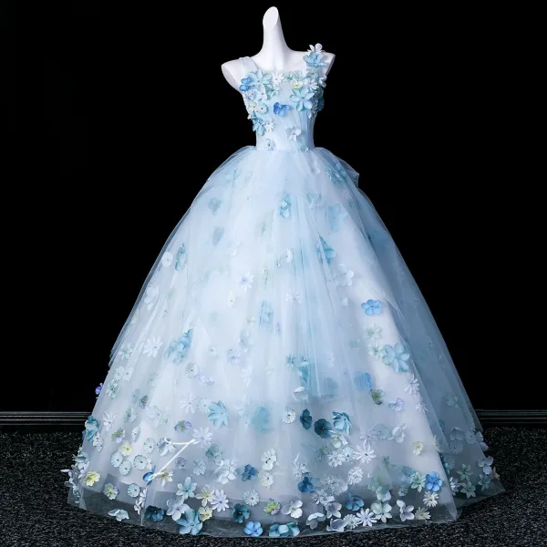 Fée Des Fleurs Bleu Ciel Perle Appliques Robe De Bal 2026 Robe Boule Encolure Carrée Sans Manches Dos Nu