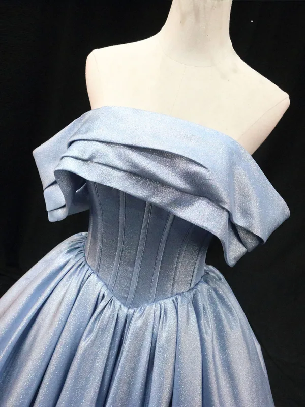 Chic / Beautiful Sky Blue Off-The-Shoulder Prom Dresses 2025 Ball Gown Short Sleeve Backless Floor-Length / Long Prom Formal Dresses
