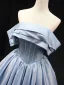 Chic / Beautiful Sky Blue Off-The-Shoulder Prom Dresses 2025 Ball Gown Short Sleeve Backless Floor-Length / Long Prom Formal Dresses