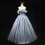 Chic / Beautiful Sky Blue Off-The-Shoulder Prom Dresses 2025 Ball Gown Short Sleeve Backless Floor-Length / Long Prom Formal Dresses