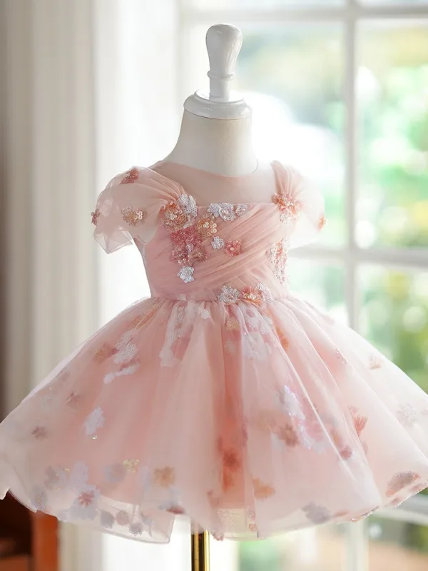 Chic / Belle Rougissant Rose Appliques Paillettes Anniversaire Robe Ceremonie Fille Robe Ceremonie Fille 2024 Robe Boule Tulle Encolure Dégagée Courte Mancherons