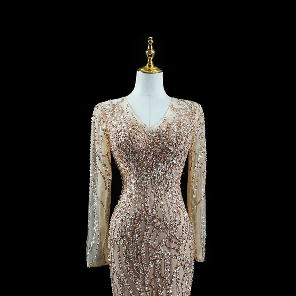 Scintillantes Doré Fait main Perlage Paillettes Robe De Soirée 2023 Trompette / Sirène V-Cou Manches Longues Train De Balayage Soirée Robe De Ceremonie