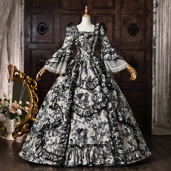 Vintage / Retro Medieval Black Printing Rhinestone Halloween Prom Dresses 2026 Ball Gown Square Neckline Bell sleeves Floor-Length / Long Formal Dresses
