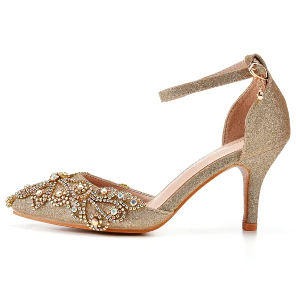 Charmant Bling Bling Doré Faux Diamant Paillettes Soirée Sandales Femme 2023 Bride Cheville 7 cm Talons Aiguilles À Bout Pointu Sandales Talons Hauts