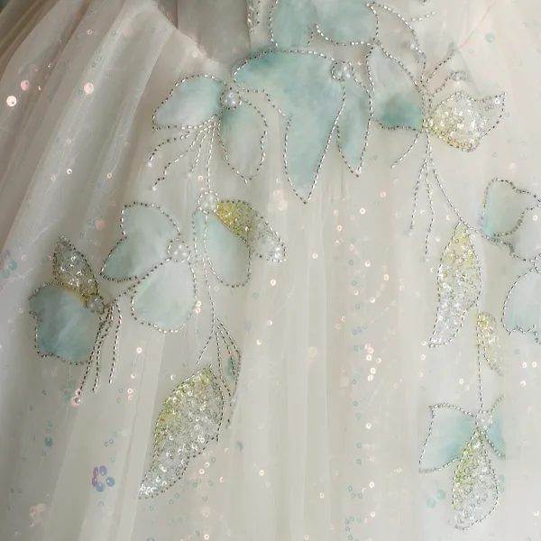 Élégant Blanche Perlage Paillettes Perle Robe De Bal 2026 Robe Boule Encolure Carrée Gonflée Manches Courtes Dos Nu Longue Robe De Ceremonie