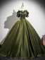 Vintage / Retro Dark Green Appliques Satin Prom Dresses 2025 Ball Gown Off-The-Shoulder Short Sleeve Backless Floor-Length / Long Formal Dresses
