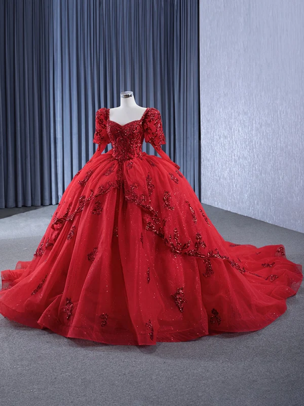 Luxury / Gorgeous Red Handmade  Beading Sequins Lace Flower Prom Dresses 2024 Ball Gown Square Neckline Long Sleeve Backless Chapel Train Prom Formal Dresses