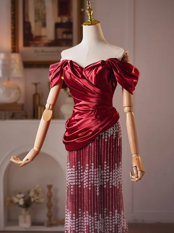 Charming Burgundy Beading Tassel Prom Dresses 2026 Trumpet / Mermaid Off-The-Shoulder Short Sleeve Floor-Length / Long Formal Dresses