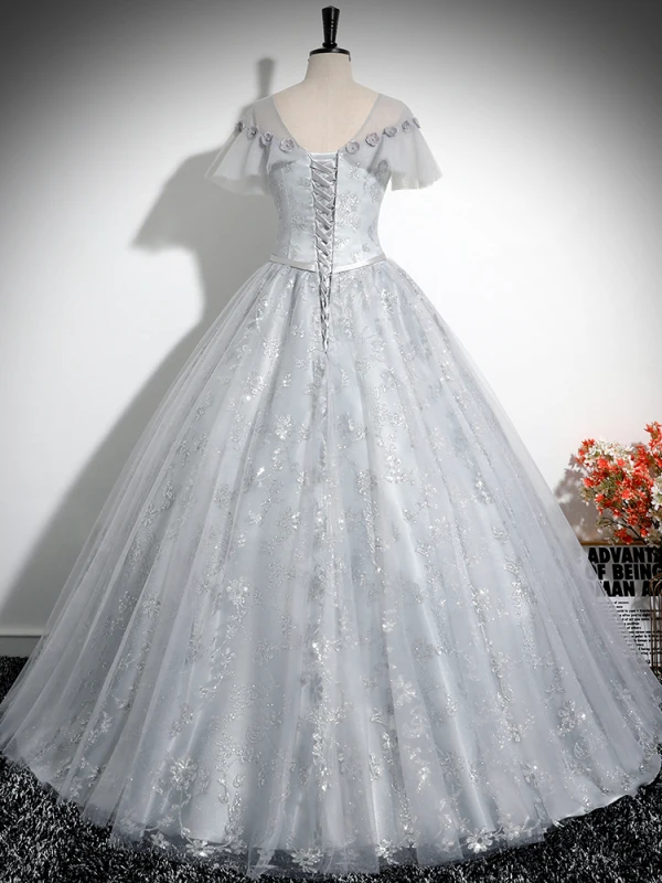 Vintage / Retro Grey Printing Appliques Prom Dresses 2024 Ball Gown Scoop Neck Short Sleeve Backless Floor-Length / Long Prom Formal Dresses