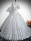Vintage / Retro Grey Printing Appliques Prom Dresses 2024 Ball Gown Scoop Neck Short Sleeve Backless Floor-Length / Long Prom Formal Dresses