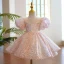 Sparkly Blushing Pink Sequins Short Birthday Flower Girl Dresses Ball Gown 2023 Scoop Neck Puffy Short Sleeve Backless Bow Flower Girl Dresses