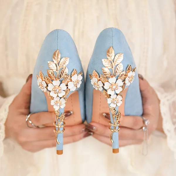 Moda Azul Cielo Zapatos de novia 2022 Rhinestone Lentejuelas Metal Flor 10 cm Stilettos / Tacones De Aguja Punta Estrecha Zapatos de novia High Heels