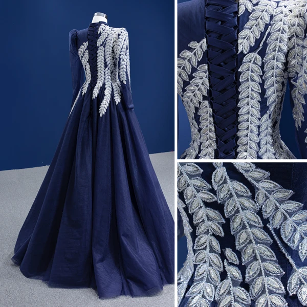 Vintage / Retro Navy Blue Lace Flower Prom Dresses 2022 A-Line / Princess High Neck Long Sleeve Floor-Length / Long Formal Dresses