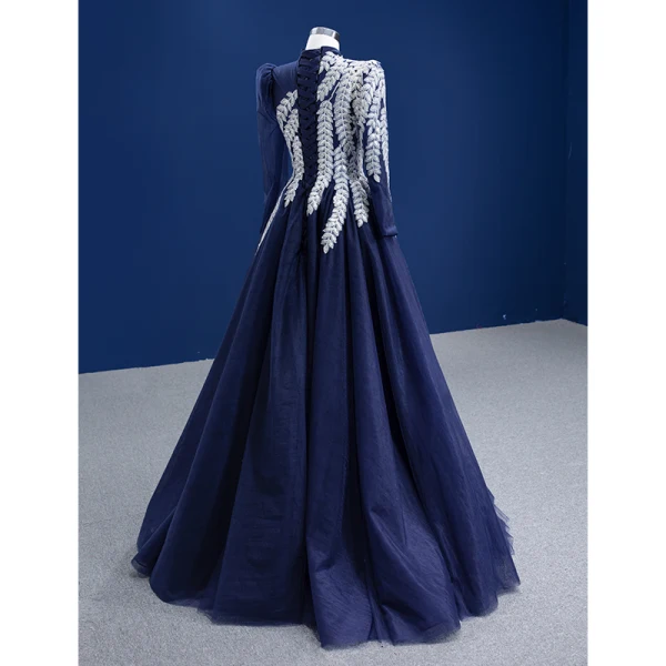 Vintage / Retro Navy Blue Lace Flower Prom Dresses 2022 A-Line / Princess High Neck Long Sleeve Floor-Length / Long Formal Dresses