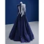 Vintage / Retro Navy Blue Lace Flower Prom Dresses 2022 A-Line / Princess High Neck Long Sleeve Floor-Length / Long Formal Dresses