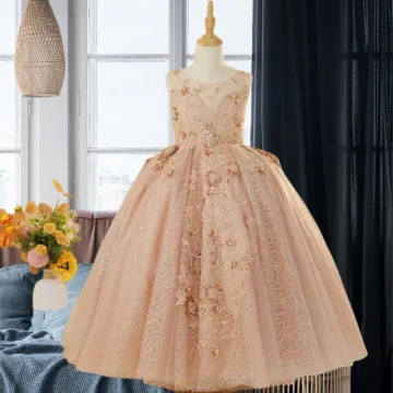 Chic Beautiful Champagne Beading Sequins Birthday Flower Girl Dresses 2024 Ball Gown Scoop Neck Sleeveless Backless Floor Length Long