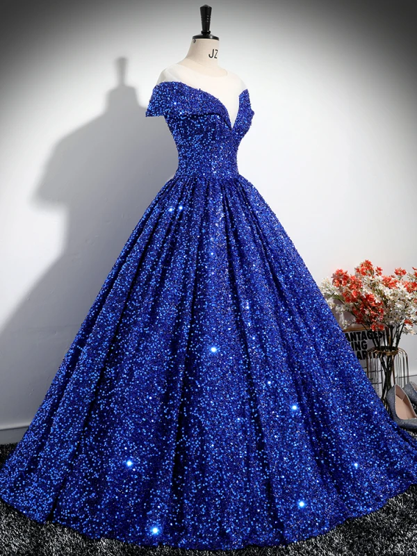 Sparkly Royal Blue Beading Sequins Prom Dresses 2024 Ball Gown Off-The-Shoulder Short Sleeve Backless Floor-Length / Long Prom Formal Dresses