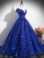 Sparkly Royal Blue Beading Sequins Prom Dresses 2024 Ball Gown Off-The-Shoulder Short Sleeve Backless Floor-Length / Long Prom Formal Dresses